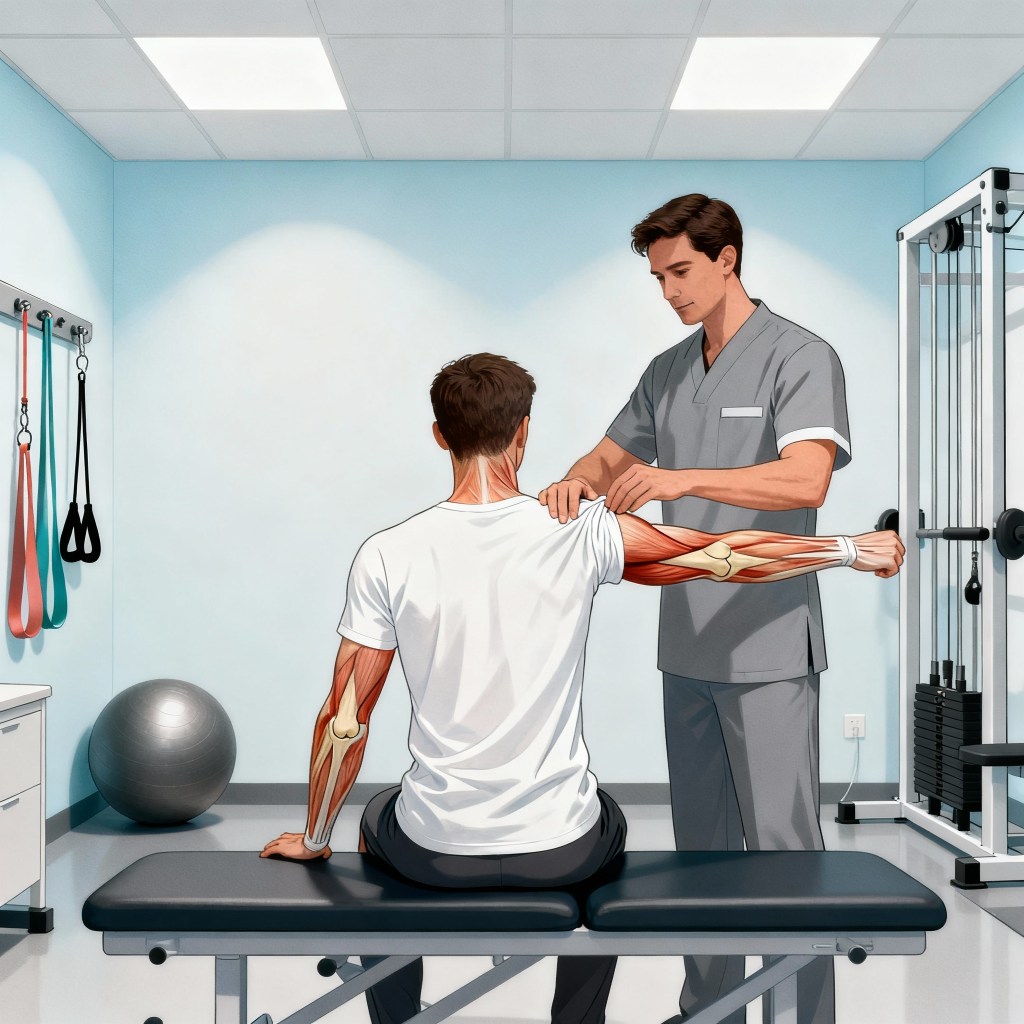 Physical therapist assists patient with rotator cuff rehabilitation exercises in a clinical setting.