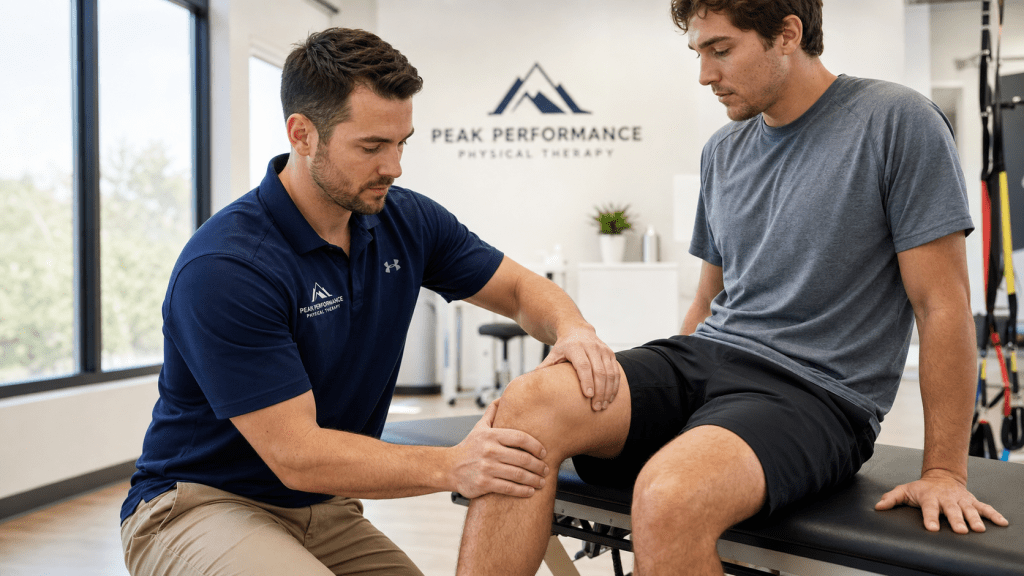 Physical therapist performing ACL rehabilitation treatment on a patient in a clinical setting