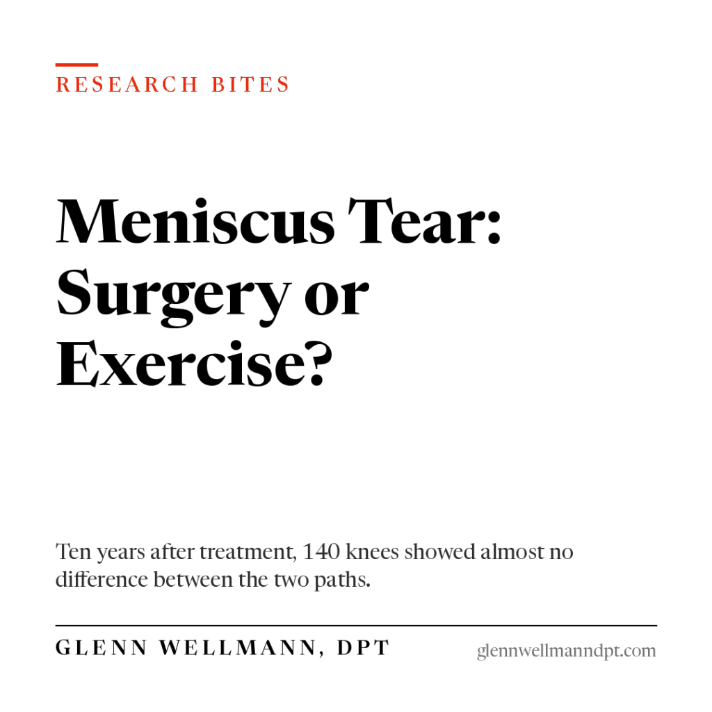 Meniscus Tear: Surgery or Exercise?: Ten years after treatment, 140 knees showed almost no difference between the two paths.